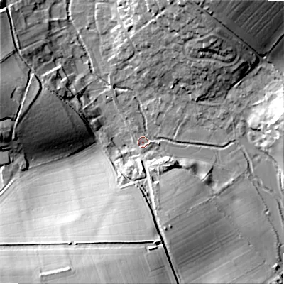 Shaded relief map of the ground around SP34ES, computed from Environment Agency LiDAR. The ground here sits at about 78 m above sea level and falls 40 m across the surrounding 800 m. Surface water reaching this point runs off ground lying to the south-south-west, 2.1 m higher.