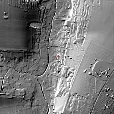 Shaded relief map of the ground around SP34FA, computed from Environment Agency LiDAR. The ground here sits at about 81 m above sea level and falls 36 m across the surrounding 800 m. Surface water reaching this point runs off ground lying to the east-south-east, 31.0 m higher.