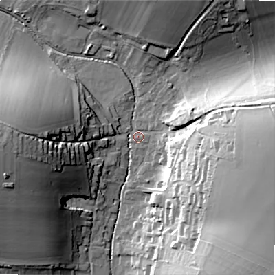Shaded relief map of the ground around SP34FB, computed from Environment Agency LiDAR. The ground here sits at about 81 m above sea level and falls 34 m across the surrounding 800 m. Surface water reaching this point runs off ground lying to the east-south-east, 31.4 m higher.
