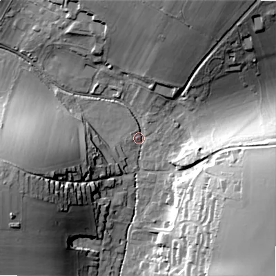 Shaded relief map of the ground around SP34HQ, computed from Environment Agency LiDAR. The ground here sits at about 81 m above sea level and falls 32 m across the surrounding 800 m. Surface water reaching this point runs off ground lying to the east-south-east, 29.0 m higher.