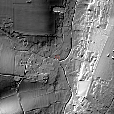 Shaded relief map of the ground around SP34JD, computed from Environment Agency LiDAR. The ground here sits at about 79 m above sea level and falls 35 m across the surrounding 800 m. Surface water reaching this point runs off ground lying to the east, 34.3 m higher.