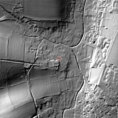 Shaded relief map of the ground around SP34JE, computed from Environment Agency LiDAR. The ground here sits at about 81 m above sea level and falls 29 m across the surrounding 800 m. Surface water reaching this point runs off ground lying to the south-west, 3.5 m higher.