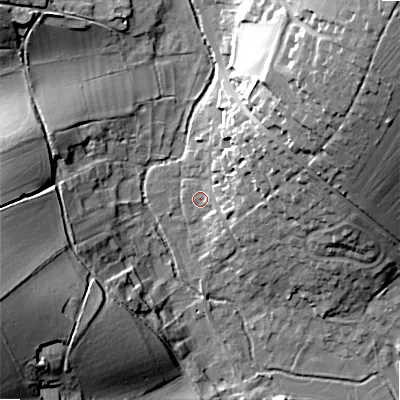 Shaded relief map of the ground around SP34JG, computed from Environment Agency LiDAR. The ground here sits at about 79 m above sea level and falls 34 m across the surrounding 800 m. Surface water reaching this point runs off ground lying to the north-east, 31.2 m higher.