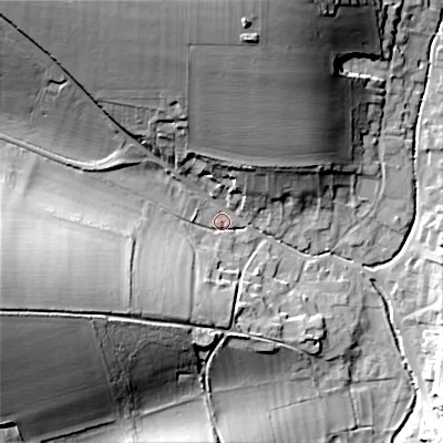 Shaded relief map of the ground around SP34JL, computed from Environment Agency LiDAR. The ground here sits at about 80 m above sea level and falls 29 m across the surrounding 800 m. Surface water reaching this point runs off ground lying to the west-south-west, 26.0 m higher.
