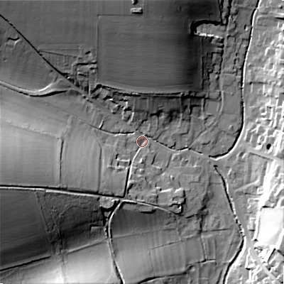 Shaded relief map of the ground around SP34JN, computed from Environment Agency LiDAR. The ground here sits at about 79 m above sea level and falls 28 m across the surrounding 800 m. Surface water reaching this point runs off ground lying to the north, 27.1 m higher.