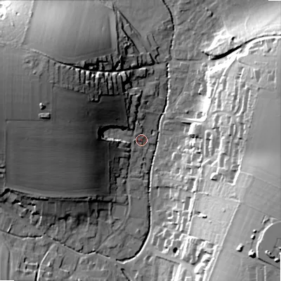 Shaded relief map of the ground around SP34JT, computed from Environment Agency LiDAR. The ground here sits at about 81 m above sea level and falls 35 m across the surrounding 800 m. Surface water reaching this point runs off ground lying to the west-north-west, 25.7 m higher.