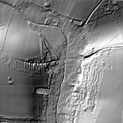 Shaded relief map of the ground around SP34JX, computed from Environment Agency LiDAR. The ground here sits at about 81 m above sea level and falls 33 m across the surrounding 800 m. Surface water reaching this point runs off ground lying to the east-south-east, 30.3 m higher.