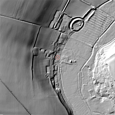 Shaded relief map of the ground around SP34LP, computed from Environment Agency LiDAR. The ground here sits at about 63 m above sea level and falls 54 m across the surrounding 800 m. Surface water reaching this point runs off ground lying to the west-north-west, 51.0 m higher.