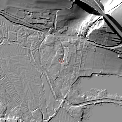 Shaded relief map of the ground around SP34NH, computed from Environment Agency LiDAR. The ground here sits at about 67 m above sea level and falls 42 m across the surrounding 800 m. Surface water reaching this point runs off ground lying to the north-east, 3.9 m higher.