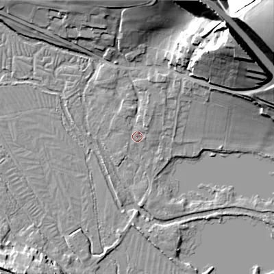 Shaded relief map of the ground around SP34NJ, computed from Environment Agency LiDAR. The ground here sits at about 67 m above sea level and falls 43 m across the surrounding 800 m. Surface water reaching this point runs off ground lying to the north-north-east, 4.0 m higher.