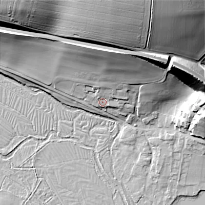 Shaded relief map of the ground around SP34NQ, computed from Environment Agency LiDAR. The ground here sits at about 73 m above sea level and falls 48 m across the surrounding 800 m. Surface water reaching this point runs off ground lying to the north-north-east, 24.2 m higher.
