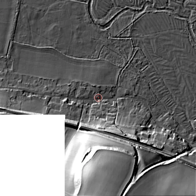Shaded relief map of the ground around SP34NW, computed from Environment Agency LiDAR. The ground here sits at about 70 m above sea level and falls 49 m across the surrounding 800 m. Surface water reaching this point runs off ground lying to the south, 34.4 m higher.