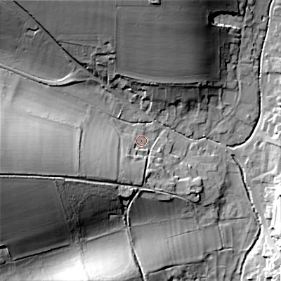 Shaded relief map of the ground around SP34NZ, computed from Environment Agency LiDAR. The ground here sits at about 81 m above sea level and falls 28 m across the surrounding 800 m. Surface water reaching this point runs off ground lying to the south-west, 13.2 m higher.