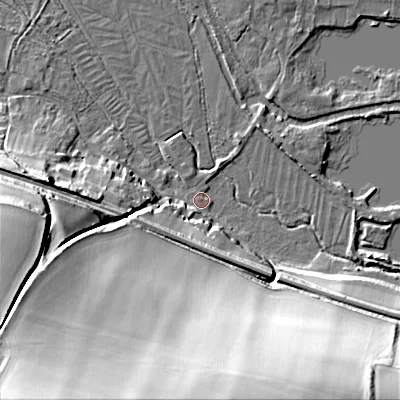 Shaded relief map of the ground around SP34PA, computed from Environment Agency LiDAR. The ground here sits at about 67 m above sea level and falls 65 m across the surrounding 800 m. Surface water reaching this point runs off ground lying to the west-south-west, 12.5 m higher.