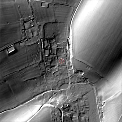 Shaded relief map of the ground around SP34RP, computed from Environment Agency LiDAR. The ground here sits at about 86 m above sea level and falls 30 m across the surrounding 800 m. Surface water reaching this point runs off ground lying to the north-west, 13.8 m higher.
