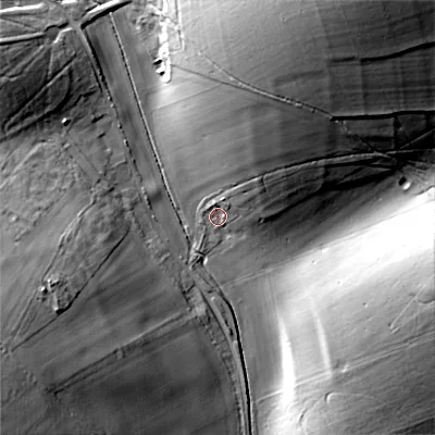 Shaded relief map of the ground around SP34RT, computed from Environment Agency LiDAR. The ground here sits at about 94 m above sea level and falls 32 m across the surrounding 800 m. Surface water reaching this point runs off ground lying to the north-east, 10.0 m higher.