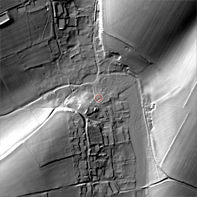 Shaded relief map of the ground around SP34RW, computed from Environment Agency LiDAR. The ground here sits at about 86 m above sea level and falls 33 m across the surrounding 800 m. Surface water reaching this point runs off ground lying to the south-west, 7.3 m higher.