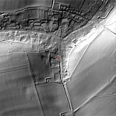 Shaded relief map of the ground around SP34RX, computed from Environment Agency LiDAR. The ground here sits at about 98 m above sea level and falls 26 m across the surrounding 800 m. Surface water reaching this point runs off ground lying to the west-south-west, 18.8 m higher.
