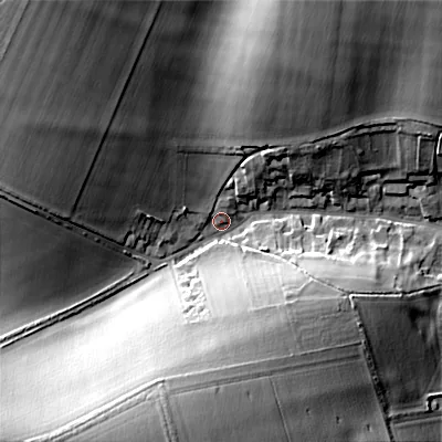 Shaded relief map of the ground around SP34SB, computed from Environment Agency LiDAR. The ground here sits at about 101 m above sea level and falls 25 m across the surrounding 800 m. Surface water reaching this point runs off ground lying to the north-west, 23.4 m higher.