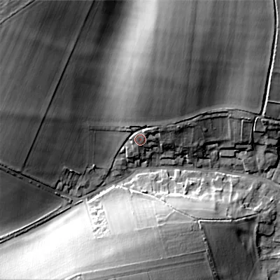 Shaded relief map of the ground around SP34SF, computed from Environment Agency LiDAR. The ground here sits at about 105 m above sea level and falls 29 m across the surrounding 800 m. Surface water reaching this point runs off ground lying to the north-north-east, 19.3 m higher.