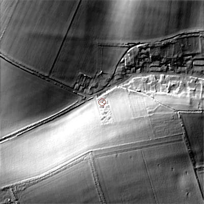 Shaded relief map of the ground around SP34SG, computed from Environment Agency LiDAR. The ground here sits at about 104 m above sea level and falls 26 m across the surrounding 800 m. Surface water reaching this point runs off ground lying to the south-west, 23.7 m higher.