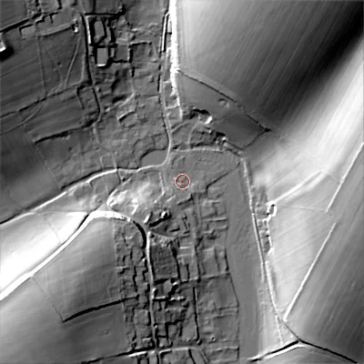 Shaded relief map of the ground around SP34SH, computed from Environment Agency LiDAR. The ground here sits at about 85 m above sea level and falls 31 m across the surrounding 800 m. Surface water reaching this point runs off ground lying to the south-south-west, 2.9 m higher.