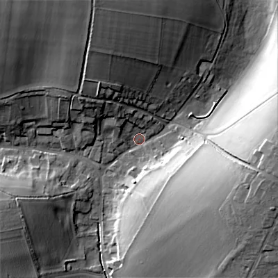 Shaded relief map of the ground around SP34SJ, computed from Environment Agency LiDAR. The ground here sits at about 98 m above sea level and falls 28 m across the surrounding 800 m. Surface water reaching this point runs off ground lying to the east, 26.2 m higher.