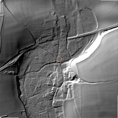 Shaded relief map of the ground around SP34SW, computed from Environment Agency LiDAR. The ground here sits at about 71 m above sea level and falls 42 m across the surrounding 800 m. Surface water reaching this point runs off ground lying to the west-north-west, 22.3 m higher.