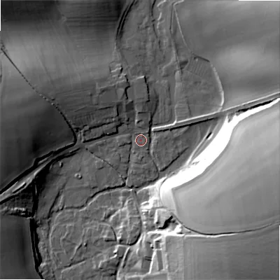 Shaded relief map of the ground around SP34SX, computed from Environment Agency LiDAR. The ground here sits at about 71 m above sea level and falls 43 m across the surrounding 800 m. Surface water reaching this point runs off ground lying to the west-north-west, 12.6 m higher.