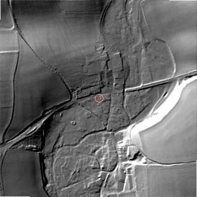 Shaded relief map of the ground around SP34SZ, computed from Environment Agency LiDAR. The ground here sits at about 71 m above sea level and falls 40 m across the surrounding 800 m. Surface water reaching this point runs off ground lying to the north-west, 11.1 m higher.