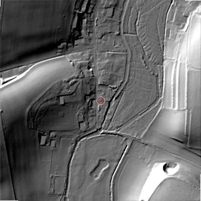 Shaded relief map of the ground around SP34TS, computed from Environment Agency LiDAR. The ground here sits at about 68 m above sea level and falls 34 m across the surrounding 800 m. Surface water reaching this point runs off ground lying to the west-north-west, 14.7 m higher.