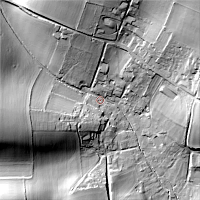 Shaded relief map of the ground around SP35AP, computed from Environment Agency LiDAR. The ground here sits at about 101 m above sea level and falls 40 m across the surrounding 800 m. Surface water reaching this point runs off ground lying to the north, 28.6 m higher.