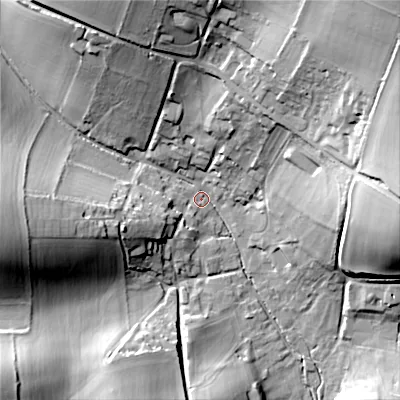 Shaded relief map of the ground around SP35AR, computed from Environment Agency LiDAR. The ground here sits at about 101 m above sea level and falls 40 m across the surrounding 800 m. Surface water reaching this point runs off ground lying to the north-east, 36.0 m higher.