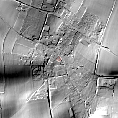 Shaded relief map of the ground around SP35AT, computed from Environment Agency LiDAR. The ground here sits at about 100 m above sea level and falls 40 m across the surrounding 800 m. Surface water reaching this point runs off ground lying to the north-east, 38.9 m higher.