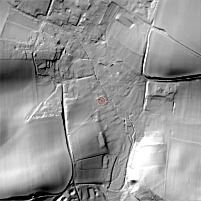 Shaded relief map of the ground around SP35AU, computed from Environment Agency LiDAR. The ground here sits at about 100 m above sea level and falls 40 m across the surrounding 800 m. Surface water reaching this point runs off ground lying to the south-south-west, 13.3 m higher.