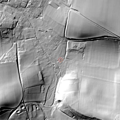 Shaded relief map of the ground around SP35AX, computed from Environment Agency LiDAR. The ground here sits at about 99 m above sea level and falls 44 m across the surrounding 800 m. Surface water reaching this point runs off ground lying to the north-east, 41.3 m higher.