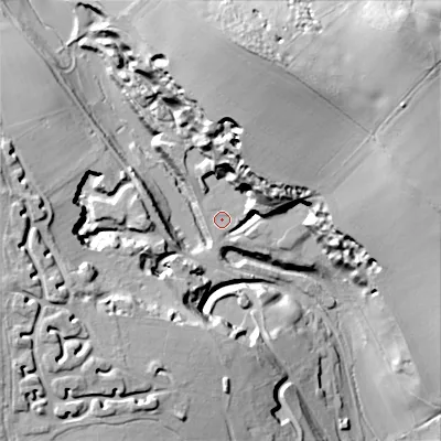 Shaded relief map of the ground around SP35DU, computed from Environment Agency LiDAR. The ground here sits at about 100 m above sea level and falls 47 m across the surrounding 800 m. Surface water reaching this point runs off ground lying to the north, 21.3 m higher.