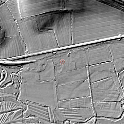 Shaded relief map of the ground around SP35EH, computed from Environment Agency LiDAR. The ground here sits at about 67 m above sea level and falls 26 m across the surrounding 800 m. Surface water reaching this point runs off ground lying to the north-west, 0.8 m higher.