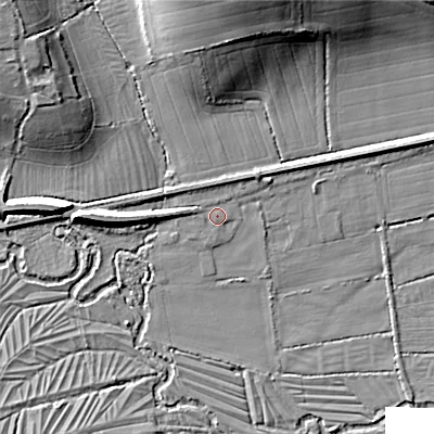 Shaded relief map of the ground around SP35EL, computed from Environment Agency LiDAR. The ground here sits at about 68 m above sea level and falls 18 m across the surrounding 800 m. Surface water reaching this point runs off ground lying to the west, 2.3 m higher.