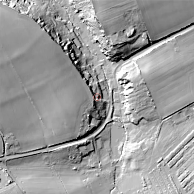 Shaded relief map of the ground around SP35JA, computed from Environment Agency LiDAR. The ground here sits at about 92 m above sea level and falls 30 m across the surrounding 800 m. Surface water reaching this point runs off ground lying to the north-west, 26.1 m higher.