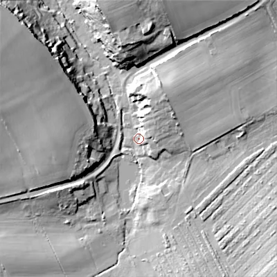 Shaded relief map of the ground around SP35JB, computed from Environment Agency LiDAR. The ground here sits at about 88 m above sea level and falls 27 m across the surrounding 800 m. Surface water reaching this point runs off ground lying to the north-east, 18.1 m higher.