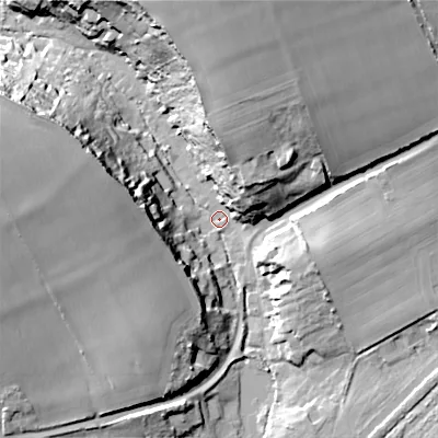 Shaded relief map of the ground around SP35JJ, computed from Environment Agency LiDAR. The ground here sits at about 86 m above sea level and falls 38 m across the surrounding 800 m. Surface water reaching this point runs off ground lying to the north-north-east, 34.4 m higher.
