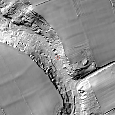 Shaded relief map of the ground around SP35JL, computed from Environment Agency LiDAR. The ground here sits at about 85 m above sea level and falls 47 m across the surrounding 800 m. Surface water reaching this point runs off ground lying to the north-north-east, 43.2 m higher.