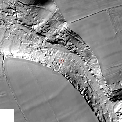 Shaded relief map of the ground around SP35JN, computed from Environment Agency LiDAR. The ground here sits at about 90 m above sea level and falls 54 m across the surrounding 800 m. Surface water reaching this point runs off ground lying to the south-west, 24.1 m higher.