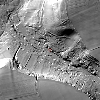 Shaded relief map of the ground around SP35JP, computed from Environment Agency LiDAR. The ground here sits at about 83 m above sea level and falls 71 m across the surrounding 800 m. Surface water reaching this point runs off ground lying to the north-east, 68.3 m higher.