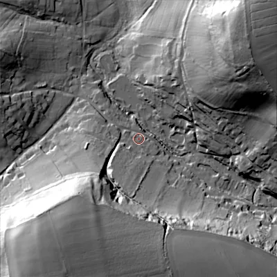Shaded relief map of the ground around SP35JY, computed from Environment Agency LiDAR. The ground here sits at about 85 m above sea level and falls 71 m across the surrounding 800 m. Surface water reaching this point runs off ground lying to the south-south-west, 15.5 m higher.