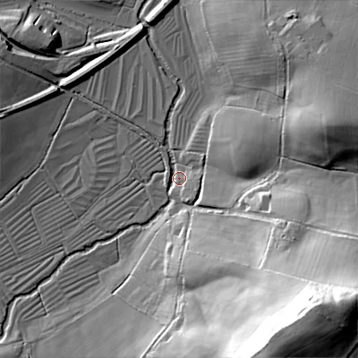 Shaded relief map of the ground around SP35LU, computed from Environment Agency LiDAR. The ground here sits at about 80 m above sea level and falls 55 m across the surrounding 800 m. Surface water reaching this point runs off ground lying to the south-east, 54.2 m higher.