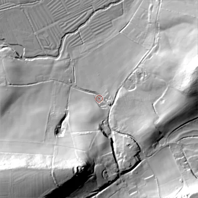 Shaded relief map of the ground around SP35LZ, computed from Environment Agency LiDAR. The ground here sits at about 87 m above sea level and falls 77 m across the surrounding 800 m. Surface water reaching this point runs off ground lying to the south-south-west, 53.7 m higher.