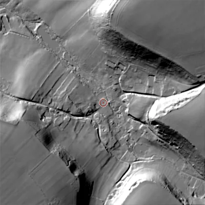 Shaded relief map of the ground around SP35PA, computed from Environment Agency LiDAR. The ground here sits at about 106 m above sea level and falls 59 m across the surrounding 800 m. Surface water reaching this point runs off ground lying to the north-north-east, 52.4 m higher.