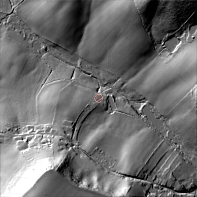 Shaded relief map of the ground around SP35PN, computed from Environment Agency LiDAR. The ground here sits at about 106 m above sea level and falls 70 m across the surrounding 800 m. Surface water reaching this point runs off ground lying to the south-west, 15.5 m higher.